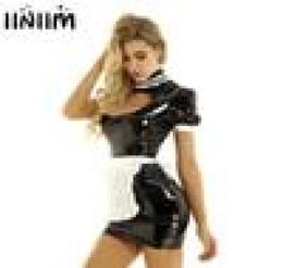 Womens Ladies French body latex Maid Dress Cosplay Costume Wetlook Clubwear Puff Sleeves Breast Bodycon Mini with Apron 2112233315030