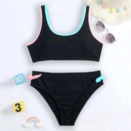 set Girl Solid Contrast Binding Bikini Swimsuit Kids 714 Years Two Piece Children's Swimwear Teenager Bathing Suit Summer Beachwear