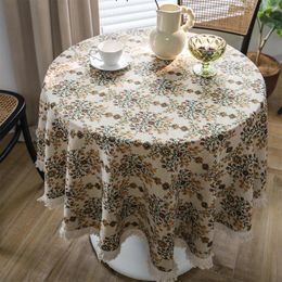 Table Cloth Cotton Polyester Round Tablecloth With Tassel Floral Flower Circular Cover For Kitchen Dinning Tabletop Decor