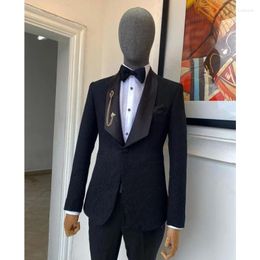 Men's Suits Black Floral Jacquard Tuxedo Suit Wedding Set 2 Pieces One Button Shawl Lapel Jacket Pant Blazer Elegante Para Hombres