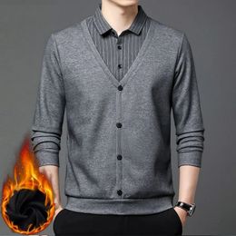 Fashion Men Fleece Warm Striped Polo Shirt Spring Autumn Korean Street Male Clothes Business Casual Versatile Long Sleeve Tops 240103