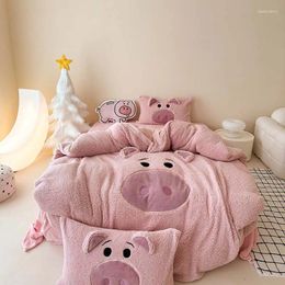 Bedding Sets Pink Cartoon Pig Towel Embroidery Set Warm Thick Winter Duvet Cover Linen Fitted Sheet Pillowcases Gifts For Children