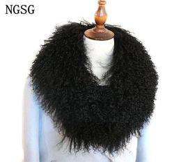 NGSG Women Real Fur Collar Solid Black Natural Genuine Mongolian Sheep Wool Scarf Coat Winter Customize Multicolors Y2010073173562