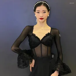 Stage Wear Modern Dance Tops For Women Training Dress Adult Puff Sleeve Social Jumpsuit Chacha Tango Latin Clothes DQS15287