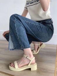 Sandals Footwear Square Heels Women's Shoes Beach For Woman One Word Summer 2024 Blue Medium Breathable Fashion Vip Sale F H