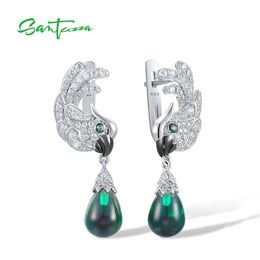 Knot SANTUZZA Pure 925 Sterling Silver Parrot Earrings For Women White CZ Green Spinel/ Glass Dangling Stunning Fine Cute Jewellery