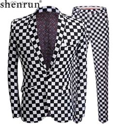 Men's Suits Blazers SHENRUN Fashion Suit Men Black White Plaid Print 2 Pieces Set Latest Coat Pant Designs Wedding Stage Singer Slim Fit Come Q230103