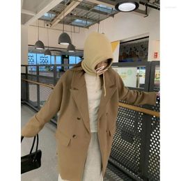 Women's Suits UNXX 2024 Winter Long Sleeve Blazer Collar Mid-Length Wool Coat Casual Loose Slim Fit Vintage Jacket Female Top