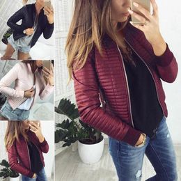 Leather Autumn Winter Women Bomer Jacket Collarless Casual Fashion Slim Padded Thread Sewing Pocket Parkas Zippers Jackets Coat