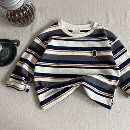 2024 Spring Kids stripe T-shirt boys girls cartoon patch embroidery long sleeve tops children all-matching casual clothes Z6456