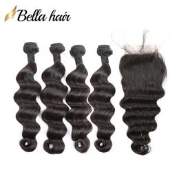 Wefts 100% Human Hair Bundles with Closure Brazilian Virgin HairLoose Deep HairExtensions 4 Bundleswith Lace Closures 4x4 Free Part Bell