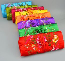 Embroidery flower Birds Silk Jewellery Roll Travel Case Bag Folding Drawstring Big Cosmetic Bag for Zipper Women Makeup Storage Bag 8839910
