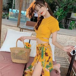 Skirts Women's 3pieces Printed Swimsuit Cover Ups Beach Outfits Crop Top Lace Up Skirt Dress and Shorts Set Bathing Suit