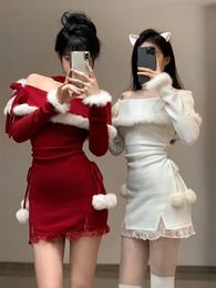 Winter Christmas Bodycon Knitted Mini Dress Women Casual Long Sleeve Sweet Elegant Even Party Dress Korean Fur 240103