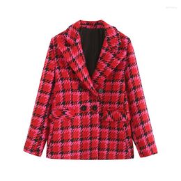 Women's Suits Tesco Plaid Blazers For Women 2024 Double Breasted Office Lady Loose Jacket Turn Down Collar Chic Coats Slim Casual Blaze