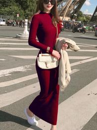 Casual Dresses Winter Warm Slim Pullovers Sweater Dress Fashion Knitting Cotton Women Long Sleeve O-neck Sheath Ankle-Length