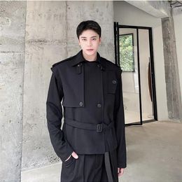 Men's Vests Techwear Style Double Breasted Cargo Vest With Belt Men Korean Fashion Deconstruction Waistcoat Sleeveless Jacket