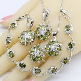 Chokers Olive Green Cubic Zirconia Sier Colour Jewellery Sets for Women Earrings Bracelet Rings Necklace Pendant Wedding Gift