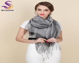 New Elegant Organza Silk Scarf Shawl Fashion 100 Mulberry Silk Silver Grey Female Long Scarves Autumn Winter Ladies Tassel Cape S3999758