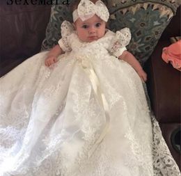 Girl039s Dresses Ivory White Long Christening Gown For Baby Girls Lace Pearls Short Sleeve Baptism Dress With Bonnet1347215