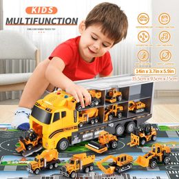 TEMI Big Container Transporter Playset with Play Mat 6PCS Mini Engineering Vehicle Car Model Toys For Kids Boys Gifts 240103