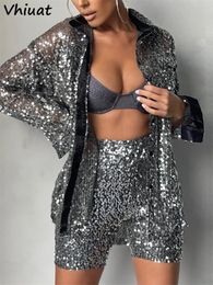 Dress Vhiuat Y2K Fashion Sequins Two Piece Set 2022 Sexy Long Sleeve Shirt Tops And Mini Shorts Suit Loose Outfits Tracksuit Women