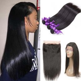 Closure Brazilian Virgin Hair Weave Straight Hair 360 Lace Frontal with 3 Bundles 100% Unprocessed Brazilian Virgin Human Hair Extensions