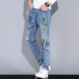 Jeans men's style ripped fashion appliques trendy men's embroidery trendy brand stretch casual printing personality trend 240103