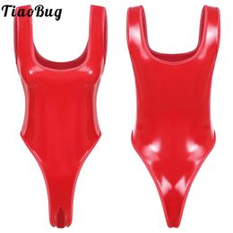 Pants Tiaobug Womens Wet Look Pure Colour U Neck Crotchless Red Patent Leather Bodysuit High Cut Backless Glossy Catsuit Night Clubwear