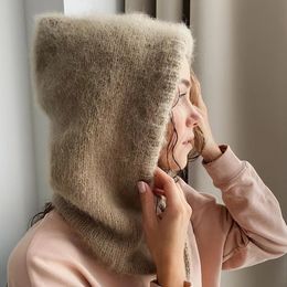 Winter Rabbit Fur Womans Hats Unisex Knitted Hooded Neck Collar Adjustable Elastic Balaclava Cap Warm Gorros Mujer Invierno 240102