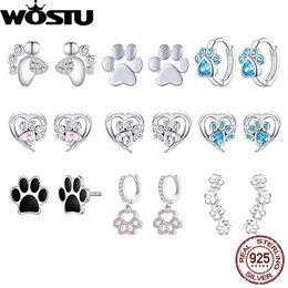 Stud Wostu Sterling Sier Paw Dog Earrings Pet Footprint Stud Earrings Zircon Jewellery for Women Wedding Party Gift