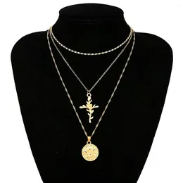 Pendant Necklaces Golden Stainless Steel Choker Chain Fashion Jewellery Cross Rose Multi Layered Geometric Coin Necklace Women Relief Figure