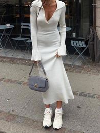 Casual Dresses White Long Knit For Women Spring Sleeve V Neck Elegant Striped Dress Knitted Maxi Black Bodycon 2024