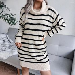 Casual Dresses 2024 Autumn And Winter Women's Fashion High Neck Black White Striped Sweater Pullover Long Sleeve Knitted Dress