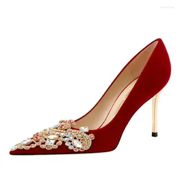 Dress Shoes Wedding Low Metal Heel Bridal Red 6cm 8cm Pumps With Rhinestones Bead Women Flock Stilettos For Party Autumn Winter