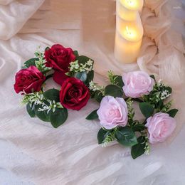 Decorative Flowers Artificial Roses Candle Rings Small Wreath Holder Candlestick Fake Plant Leaf Wedding Party Table Ring Decorations