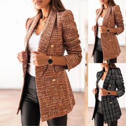 Women's new long sleeve casual suit collar printed pocket jacket small perfume coat women's fall 2022 tweed top 240103