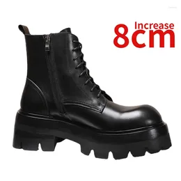 Boots High Top Motorcycle Shoes Men Autumn/winter Genuine Leather Short Plush Side Zipper Increased 8cm British Style Work