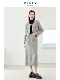 Work Dresses Vimly Grey Tweed Two Piece Skirt Set Women Outfit 2024 In Matching Sets O-neck Quilted Cropped Jacket Split Midi M5305