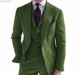 Men's Suits Blazers Mens Suits 3 Pieces Green Wool Tweed Herringbone Business Retro Classic PatternTuxedos For Wedding Blazer Pants Vest Q230103