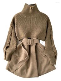 Women's Two Piece Pants Autumn Winter Knit Set Single-breasted Turtleneck Cropped Pullover Sweater V-neck Vest Dress Solid Women Suit