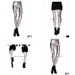 Women'S Leggings Fashion Women Shiny Metallic Color Elastic Waist Skinny Sexy Pencil Pants Trousers Casual Sier M Drop Delivery Appa Dhfcs