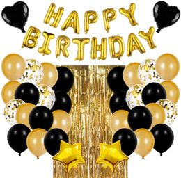 Party Favour Black Gold Birthday Decoration Set Letter Happy Balloon Rain Silk Curtain Baby Shower Decor Balloons
