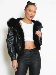 Women's Leather RR3114 Faux Bomber Jacket With Fur Hood White Jackets For Women Coats Black Inside Liner Warm