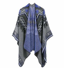 New Women Winter Ethnic Abstract Pattern Thickened Coat Cape Wrap Poncho Shawl Scarf Split Dualuse Shawl Drop7945495