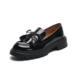 Dress Shoes 35-43 Patent Leather Black Women Tassel Bow Slip-on Casual Loafers