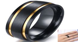 8MM Men039s Brushed Black Wedding Bands Ring Stylish Gold Tone Double Grooved Male Boy Finger Rings Gift Comfort Fit4785804