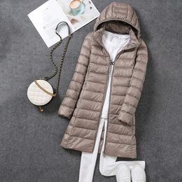 Jackets Plsu Size 5xl 6xl 7xl Winter Women Ultralight Thin Down Long Jacket White Duck Down Hooded Jackets Long Sleeve Warm Coat Parka