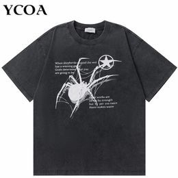 Men T-Shirt Streetwear Hip Hop Oversized Y2k Washed Black Spider Graphic Harajuku Gothic Vintage Cotton Tops Tees Loose Clothes 240103