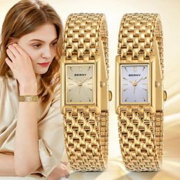 BERNY Gold Watch for Women Square Ladies Quartz Wristwatches Stainless Steel Womens Small Gold Watch Luxury Casual Fashion Watch 240102